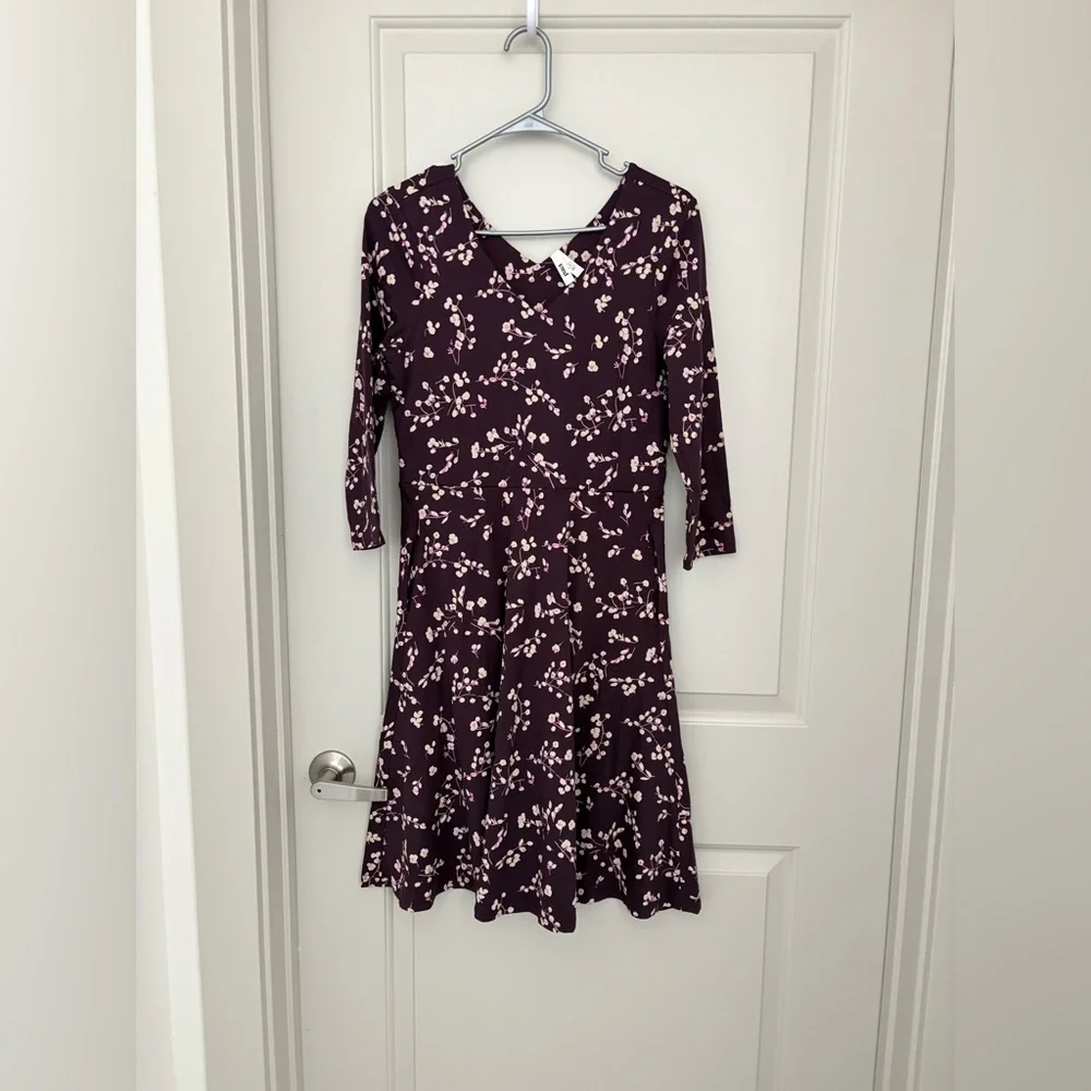 Pact Floral V-Neck Fit & Flare Dress in Plum Floral Print NWOT Size S